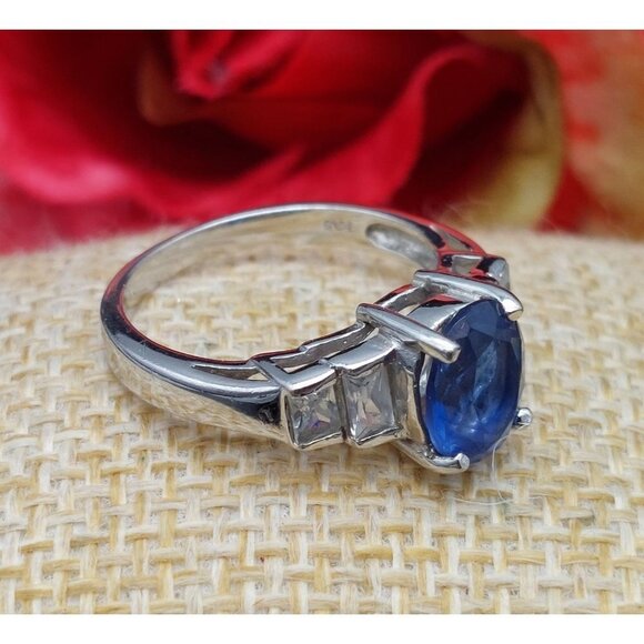 Sterling Silver Cocktail Ring FAS 925 Size 7 Baguette CZ & Blue Center Stone - Picture 4 of 10